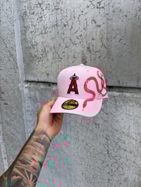Image 2 of  RED BRIM PINK DOUBLE SNAKE ANEHEIM ANGELS CUSTOM FITTED CAP