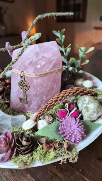 Image 2 of Rose Quartz Selenite Moon Crystal Garden, Vintage Saucer Display