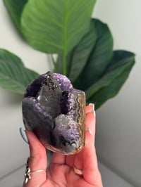 Image 15 of AMETHYST ON A CUSTOM STAND WITH A PERFECT SUGAR COATED CALCITE POINT -URUGUAY-