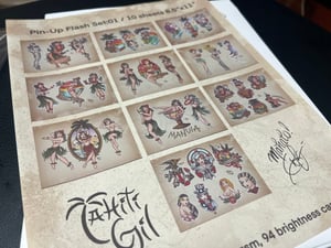 Image of 8”x10”  Pin Up Travel Tattoo Flash 01 Std Cardstock 10 Sheet Set w/ Lines