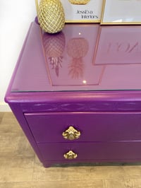 Image 7 of Vintage Harris Lebus CHEST OF DRAWERS painted in bright purple with glass top