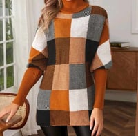 Turtleneck Plaid Batwing Sleeve Sweater