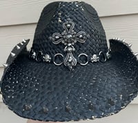 Image 1 of Black Cowboy Hat Stud Edges, Skull and Crystal Cross Band 