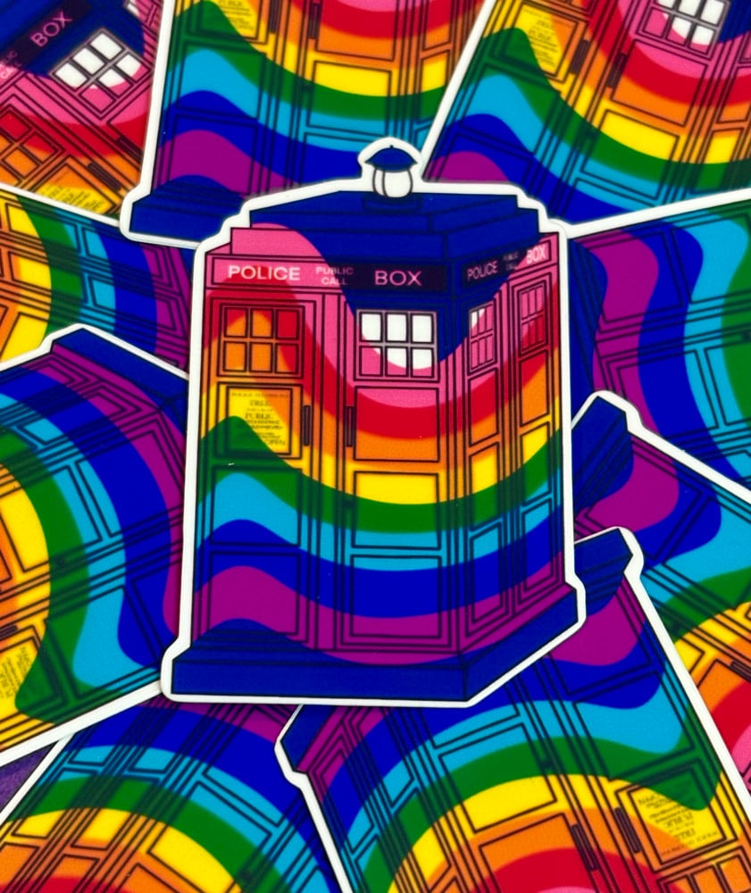 Image of Gilbert Baker Pride Tardis Sticker