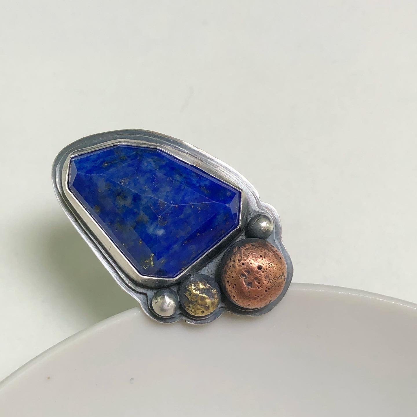 Image of Faceted Lapis Lazuli Sterling Silver Ring with Copper & Brass Accents