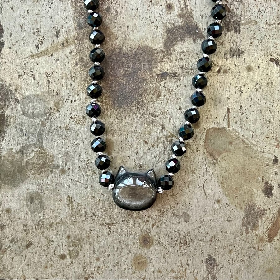 Image of Black Spinel & Silver Obsidian Beaded Necklace