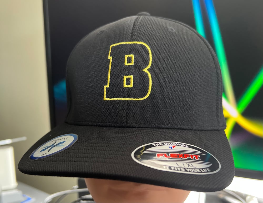 Berthold City Bold Gold Boston B Outline Black Flexfit Baseball Hat