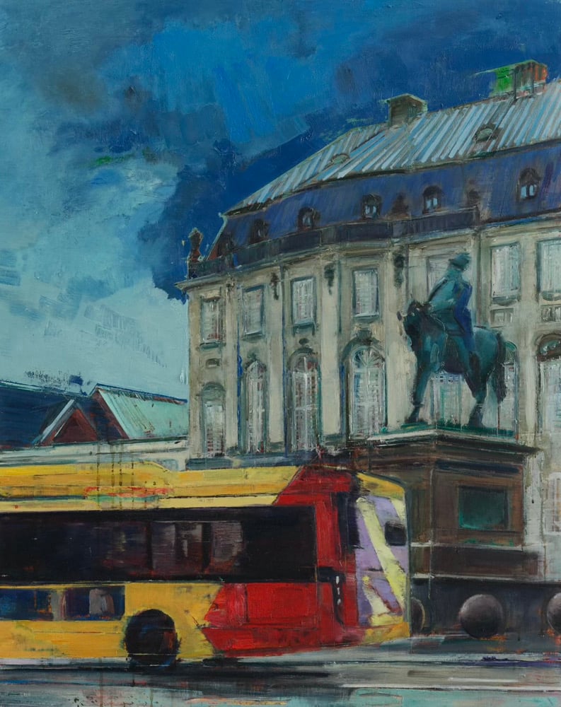 Image of Painting / maleri / "Kbh – Malerdrømme og tankestreger – Kongen, bussen og borgen" / 80x100 cm