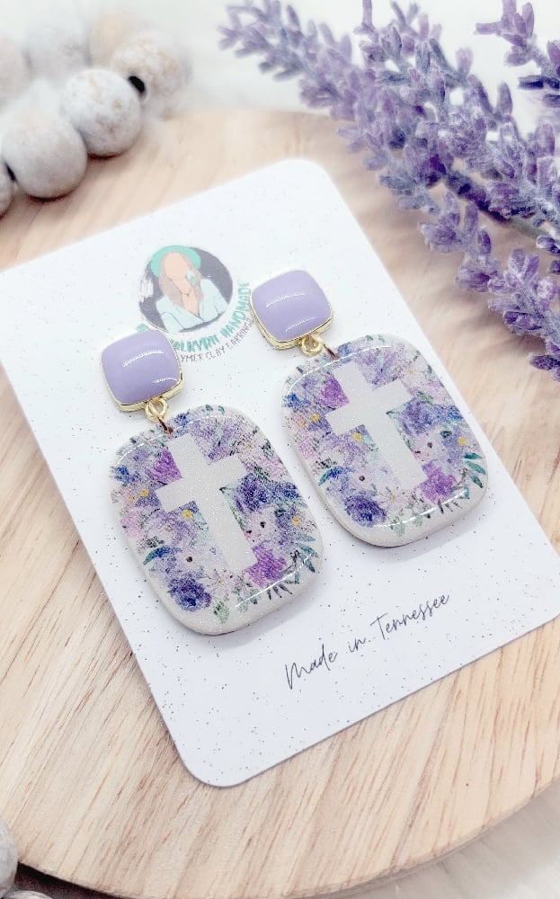 Image of Purple Floral Cross Dangles