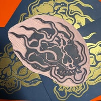 Image 2 of Hot Head Skull Linocut Print Navy and Gold