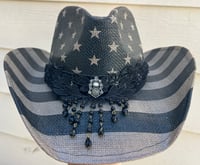 Image 1 of Black/Taupe American Flag Print Cowboy Hat, Black Lace and Crystal Band 