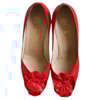 Image 1 of 1980s Red Bruno Magli Leather Peep Toe Heels- Flower Accent