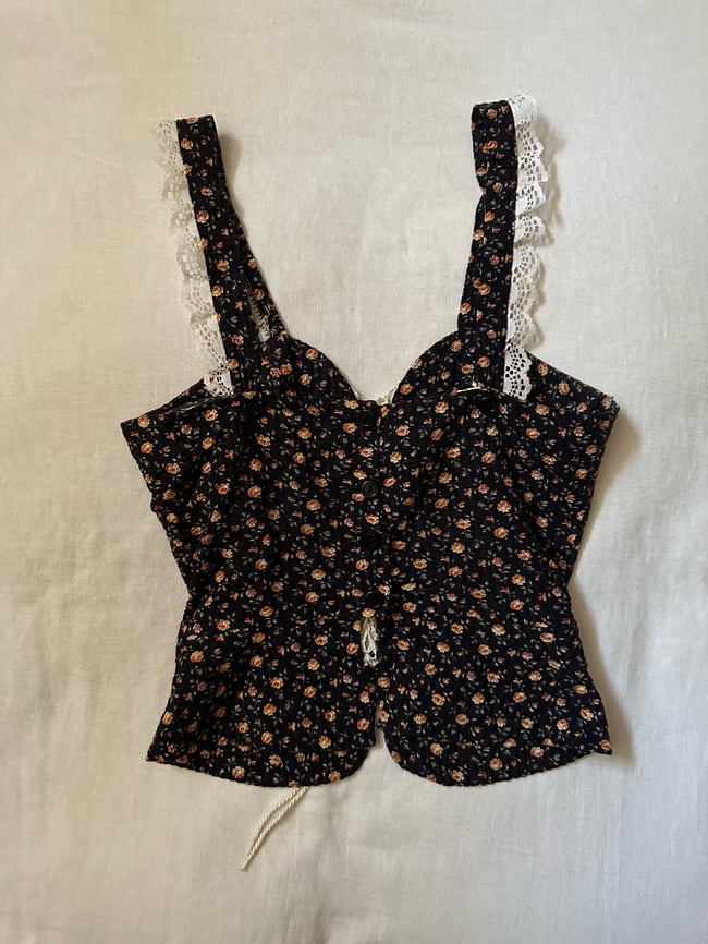 70s black calico lace up camisole blouse 