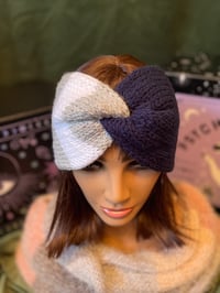 Image 1 of "Twist & Shout” – Blue, White & Gray Hand-Knit Ear Warmer