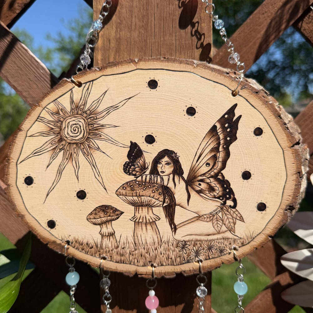 Image of sun fairy hanging beaded wood art 