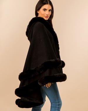 Image of Faux Fur Trim Hooded Elegant Drape Cape Poncho