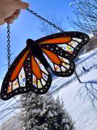 Image 3 of Orange Monarch Butterfly Stained Glass Suncatcher - Handmade Confetti Glass Window Art