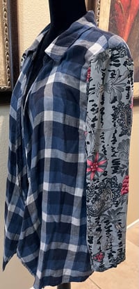 Image 3 of Vintage Funky Blue Flannel Shirt Floral Sleeves Crystal Cross