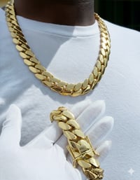 Image 2 of Miami Cuban Link Chain/Bracelet Set, Handmade Real 14k Gold Plated 22mm (Five Times Plated)