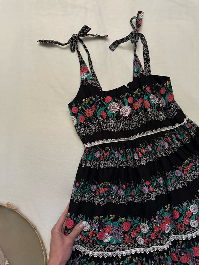 70s Victor Costa cotton black floral sundress