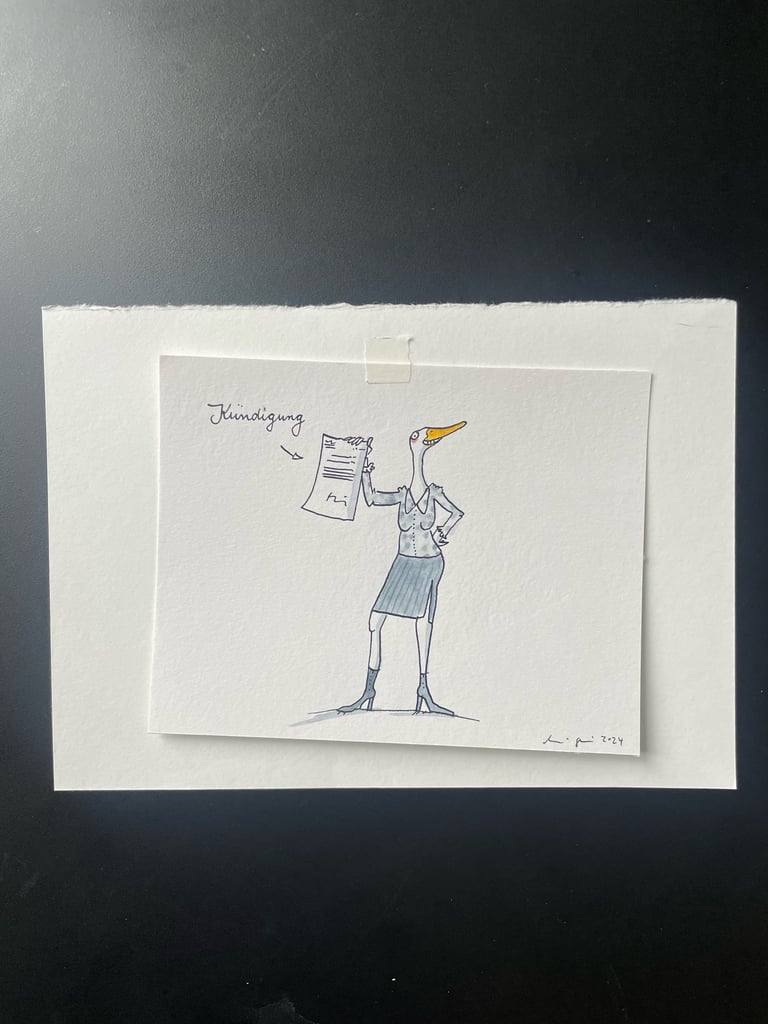 Originalzeichnung Tusche und Aquarell auf Papier "Gans Kündigt"