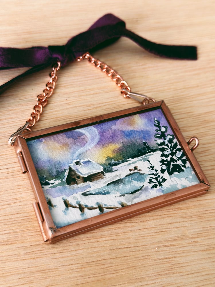 Image of Snowy cabin with chimney - Heirloom watercolor ornament 