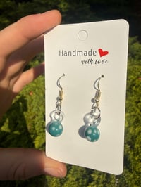 Image 5 of Teal/ white polka dot ball earrings 