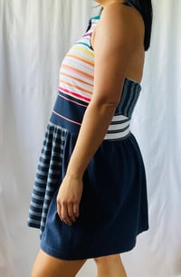 Image 2 of rainbow navy courtneycourtney adult size M/L medium large gathered flouncy halter dress sundress