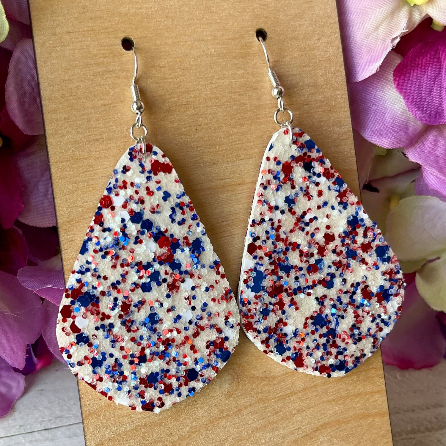 America Chunky Glitter Teardrop Faux Leather Earrings