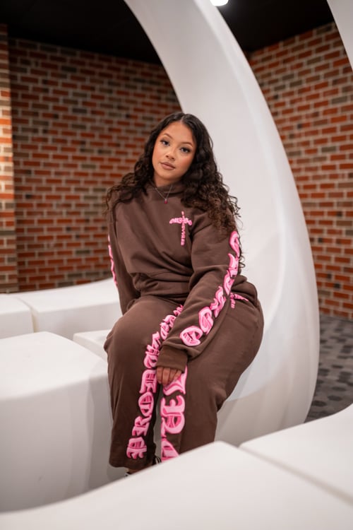 Image of NEW 3D PUFF PRINT BROWN&PINK SWEATSUITS