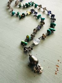 Image 3 of iolite turquoise petal and grey moonstone necklace with pearl opal fringe pendant