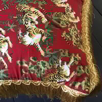 Image 2 of Red Japanese tiger print cushion cover with gold fringe