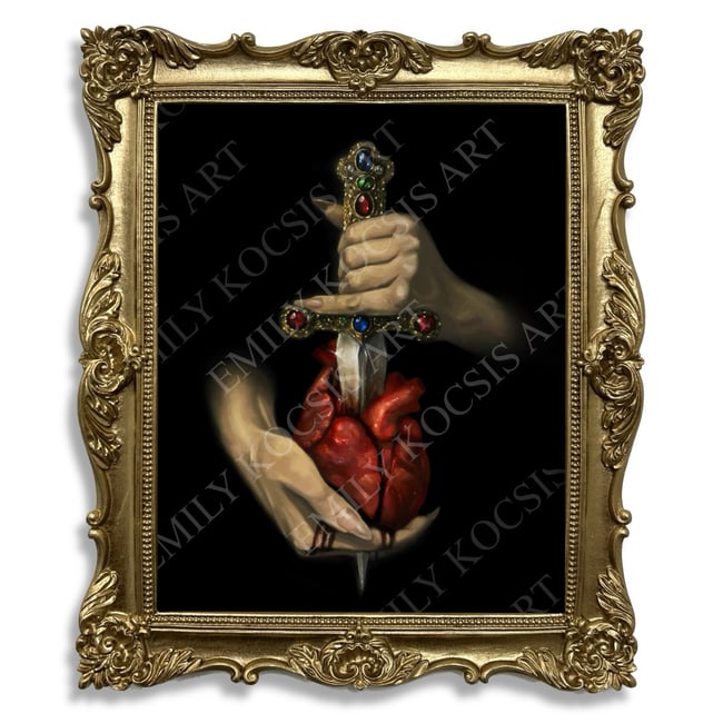 Original Painting Print // Gemstone Jeweled Heart & Dagger in Oil