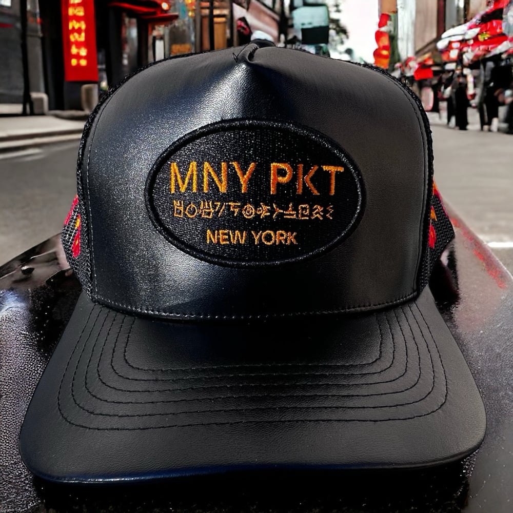 MNY PKT LEATHER  TRUCKER HAT// ORANGE FLAME