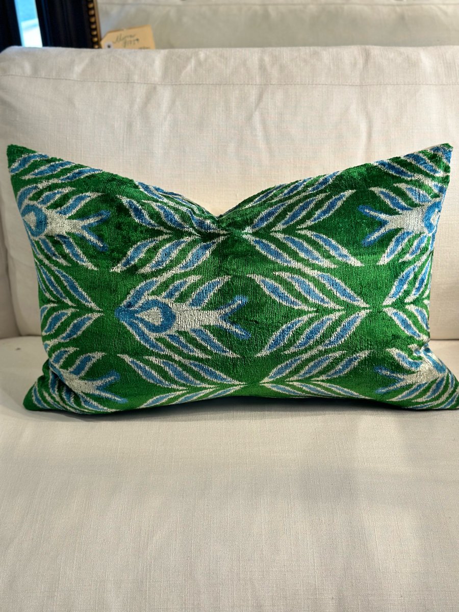 Image of Ikat Velvet Cushion with Blue and Green Pattern 