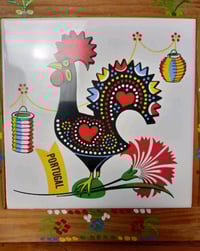Image 3 of Hand-painted Rooster Trivet Tile Wooden Framed Portugal Wall Hanging Decor