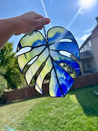 Image 2 of Stained-Glass Monstera Leaf Suncatcher - Blue & Green Tropical Window Hanging Art Decor