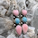 Image 3 of Pink Conch Shell and Larimar Handmade Sterling Silver Heart Earrings
