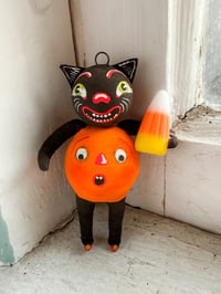 Grinning Black Cat with Candy Corn and Jack O' Lantern III
