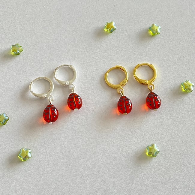 glass dotted ladybug huggie hoop earrings