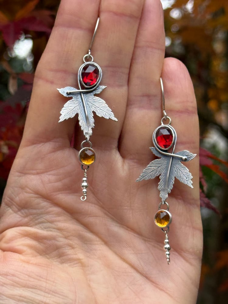 Image of Japanese Maple Leaf Garnet Citrine Dangle Earrings