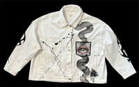 Image 1 of “FANGS” CUSTOM PAINTED WHITE DENIM. ROP JACKET LARGE