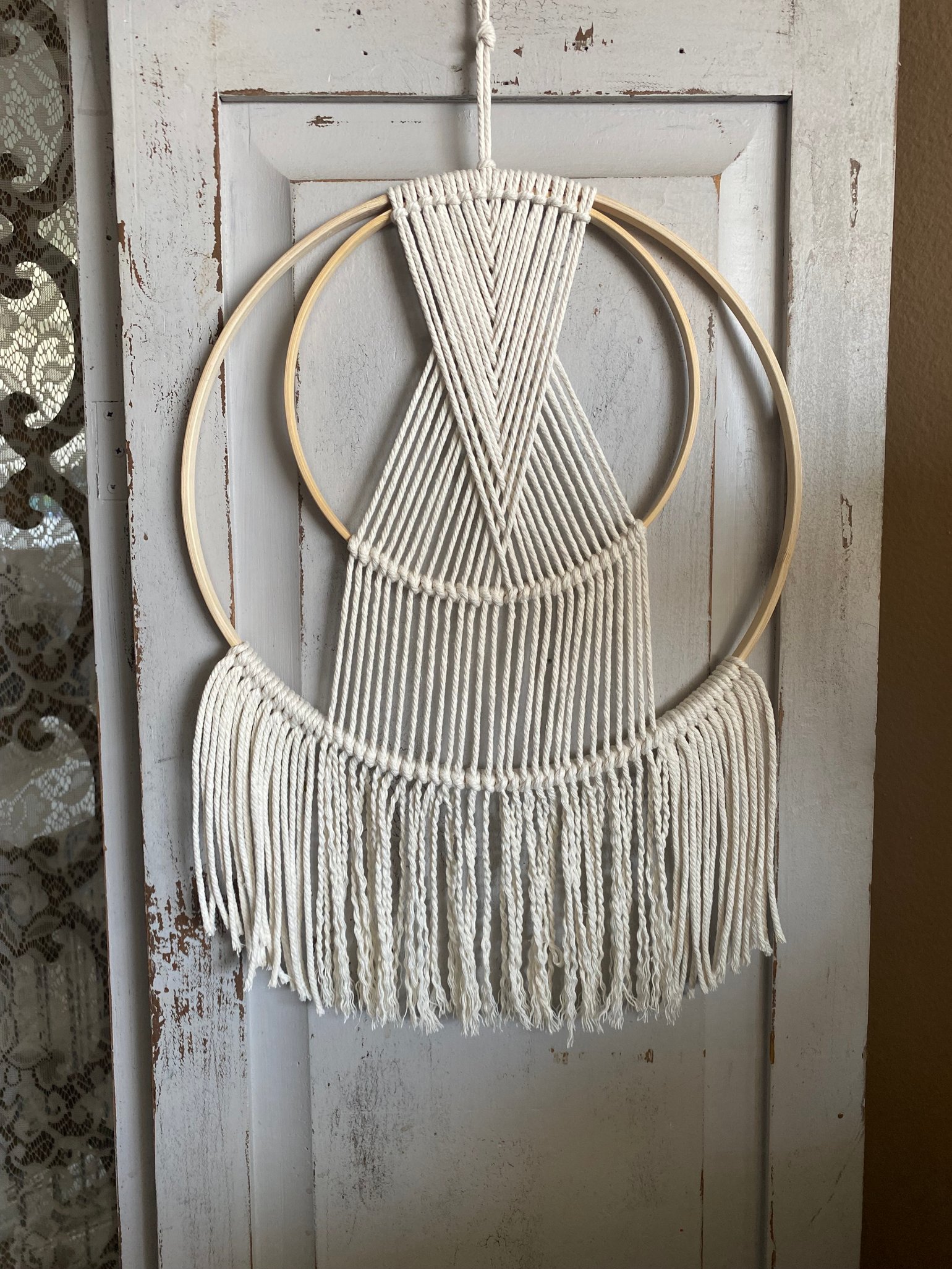 Macrame Ring Wall Hanging With Gold Beads / Yarn Wall Hanging / Yarn Hoop 