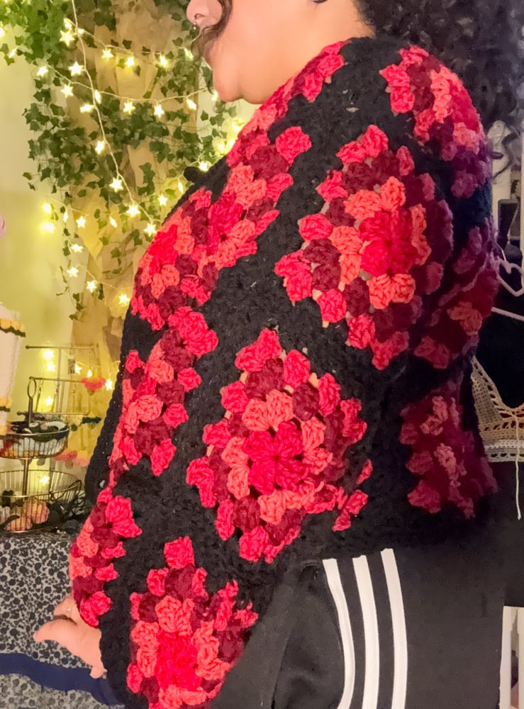 Image of Red Granny Square Tie-Front Sweater