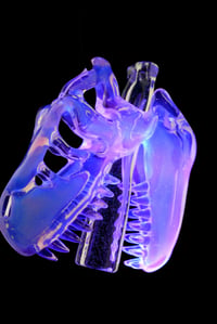 Image 6 of Glopal (uv reactive) T-Rex skull pendant with dichro tip and crushed opal teeth. 