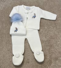 White & Blue Run Rabbit Knitted Pom Set
