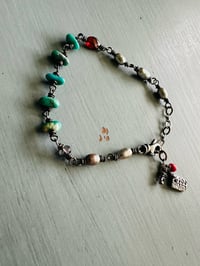 Image 8 of silvery pearl and turquoise nugget charm bracelet with adjustable chain