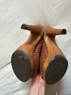 70s wood and leather basketweave mule platforms 
