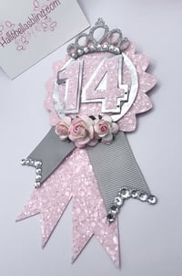Image 2 of Birthday Badge birthday rosette in baby pink and silver 