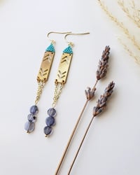 Lolite Gemstone Beaded Brass Earrings 